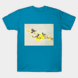 Chickadees Birds and Forsythia Flowers T-Shirt